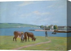 Alfred Dedreux Or De Dreux Canvas Paintings - Cows on the Banks of the Seine at Saint Mammes by Alfred Sisley