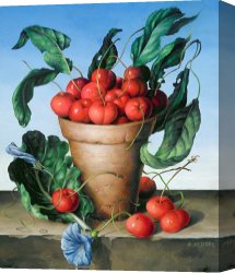 Flowers in a Blue Vase Canvas Prints - Cherries in terracotta with blue flower by Amelia Kleiser