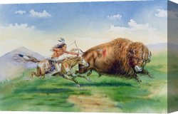 Headdress Canvas Prints - Sioux Hunting Buffalo on Decorated Pony by American School