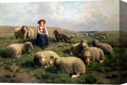 Landscape Canvas Paintings - Shepherdess with Sheep in a Landscape by C Leemputten and T Gerard