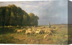 Landscape Canvas Paintings - Flock of Sheep in a Landscape by Charles Emile Jacque
