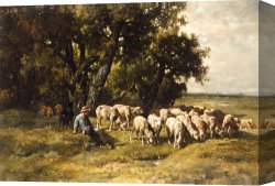 Charles Canvas Paintings - A shepherd and his flock by Charles Emile Jacques