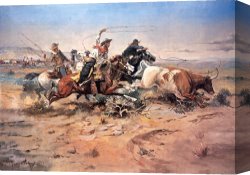 Charles Canvas Paintings - Cowboys roping a steer by Charles Marion Russell