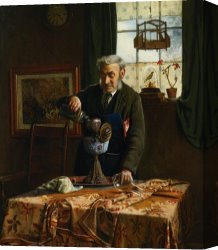 Oil Canvas Paintings - Filling The Lamp Oil by Charles Spencelayh