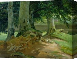Ernst Canvas Paintings - Beech Trees in Frederiksdal near Copenhagen by Christian Ernst Bernhard Morgenstern