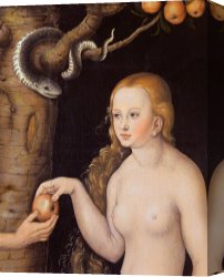 The Garden of Eden Canvas Prints - Eve offering the apple to Adam in the Garden of Eden and the serpent by Cranach