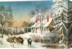 Home Canvas Paintings - Bringing Home the Logs by Currier and Ives