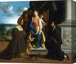 Family Canvas Prints - The Holy Family, with The Young Saint John The Baptist, a Cat, And Two Donors by Dosso Dossi