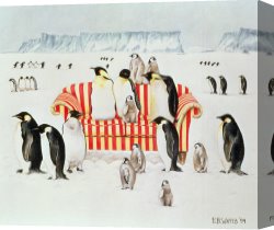 Cold Canvas Paintings - Penguins On A Red And White Sofa by EB Watts