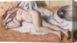 Edgar Degas Canvas Prints - After the Bath or Reclining Nude by Edgar Degas