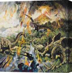 School Canvas Paintings - Dinosaurs and Volcanoes by English School