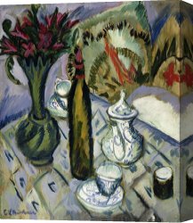 Ernst Canvas Paintings - Teapot Bottle And Red Flowers by Ernst Ludwig Kirchner