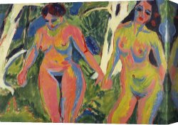 Ernst Canvas Paintings - Two Nude Women In A Wood by Ernst Ludwig Kirchner