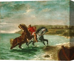 African Keeping a Horse at The Side of a Sea Canvas Paintings - Horses Coming Out of The Sea by Eugene Delacroix