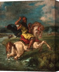 Nubian Horseman at The Gallop Canvas Paintings - Moroccan Horseman Crossing a Ford by Eugene Delacroix