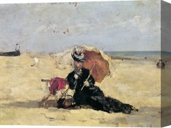 Beach Canvas Prints - Woman with a Parasol on the Beach by Eugene Louis Boudin