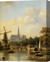 Night View of a Barge And It's Tug on The Kanawha River Canvas Prints - A View of Haarlem with St Bavo Cathedral From The River by Everhardus Koster