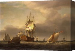 Seascapes Canvas Paintings - A Seascape with Men of War And Small Craft by Francis Holman
