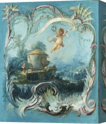 Home Canvas Paintings - The Enchanted Home a Pastoral Landscape Surmounted by Cupid by Francois Boucher