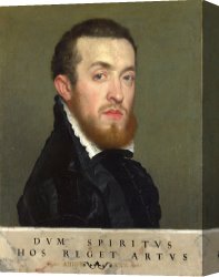 Portrait of a Young Man (selfportrait) Canvas Paintings - Bust Portrait of a Young Man with an Inscription by Giovanni Battista Moroni