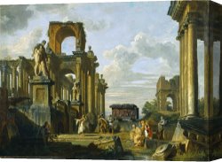 Ancient Canvas Paintings - An Architectural Capriccio of The Roman Forum with Philosophers And Soldiers Among Ancient Ruins, In... by Giovanni Paolo Panini