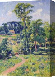 Clocktower Cottage Canvas Paintings - Landscape with trees and a path leading to a cottage by Henry Moret