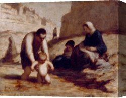 Bath Canvas Prints - The First Bath by Honore Daumier