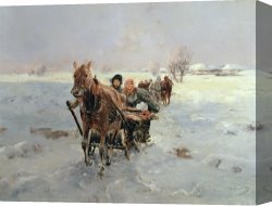Landscape Canvas Paintings - Sleighs in a Winter Landscape by Janina Konarsky