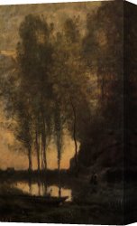 Barque And Tug Canvas Paintings - Le Passeur Attachant Sa Barque by Jean Baptiste Camille Corot