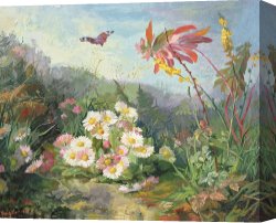 Wild Boars Canvas Paintings - Wild Flowers And Butterfly by Jean Marie Reignier