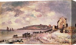 Seascapes Canvas Paintings - Seascape with ponies on the beach by Johan Barthold Jongkind