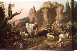 Landscape Canvas Paintings - Farm animals in a landscape by Johann Heinrich Roos