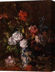 Flowers in a Blue Vase Canvas Prints - Floral Still Life in a Blue And White Porcelain Vase by Karl Pierre Daubigny