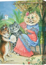 The Feathered Fan Canvas Prints - Mother cat with fan and two kittens by Louis Wain