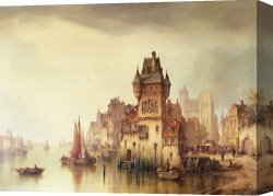 Night View of a Barge And It's Tug on The Kanawha River Canvas Prints - A View on the River Dordrecht by Ludwig Hermann