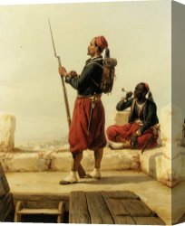 Nubian Horseman at The Gallop Canvas Paintings - A Nubian And an Egyptian Guard in a Lookout Tower by Niels Simonsen