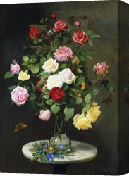 Wild Boars Canvas Paintings - A Bouquet Of Roses In A Glass Vase By Wild Flowers On A Marble Table by Otto Didrik Ottesen