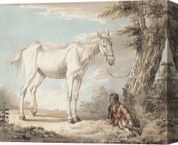 Boy Canvas Paintings - An Old Grey Horse Tethered To A Tree A Boy Resting Nearby by Paul Sandby