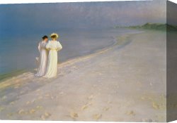 Summer Canvas Prints - Summer Evening on the Skagen Southern Beach with Anna Ancher and Marie Kroyer by Peder Severin Kroyer