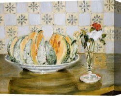 Flowers in a Blue Vase Canvas Prints - Still Life Of A Melon And A Vase Of Flowers by Pierre Auguste Renoir