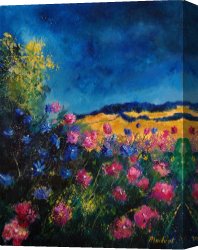 Flowers in a Blue Vase Canvas Prints - Blue and pink flowers by Pol Ledent
