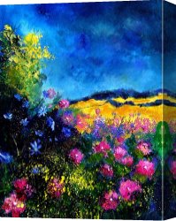 Flowers in a Blue Vase Canvas Prints - Blue and pink flowers by Pol Ledent