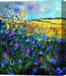 Wild Boars Canvas Paintings - Blue wild chicorees by Pol Ledent