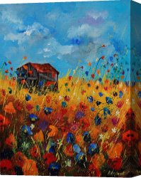 Wild Boars Canvas Paintings - Old barn and wild flowers by Pol Ledent