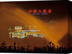 Hotel Canvas Prints - A Hotels Neon Signs Shining Through a Water Fountain at Night by Raymond Gehman