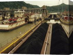 Night View of a Barge And It's Tug on The Kanawha River Canvas Prints - Coal Barge Entering a Lock System on The Kanawha River by Raymond Gehman