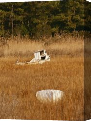 Between Geest And Marsh Canvas Prints - Watermens Boats And a Great Blue Heron in a Cordgrass Salt Marsh by Raymond Gehman