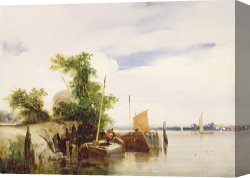 Night View of a Barge And It's Tug on The Kanawha River Canvas Prints - Barges on a River by Richard Parkes Bonington