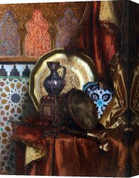 Ernst Canvas Paintings - A Tambourine, Knife, Moroccan Tile And Plate on Satin Covered Table by Rudolf Ernst