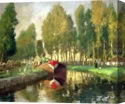 Night View of a Barge And It's Tug on The Kanawha River Canvas Prints - Barge on a River Normandy by Rupert Charles Wolston Bunny